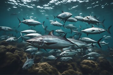 Wall Mural - tuna school america angle animal aquatic bay blue breathtaking caribbean caribe central clear colours deep ecological ecology environment fish fishery fishing group honduras horizontal island jack