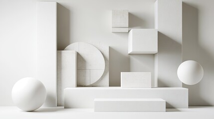 Wall Mural - Abstract geometric blocks in various shapes and sizes, meticulously positioned on a white background, highlighting simplicity and balance