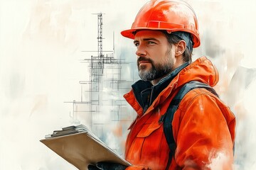 Wall Mural - Simple sketch of an engineer with a hard hat and tools, [Tool Inspection], [Engineering Work], No logo, No Trademark, No text, minimal concept with copy space for stock photo