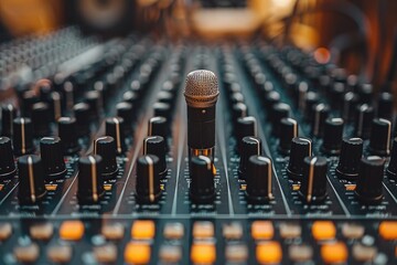 Microphone Standing on a Sound Mixing Board