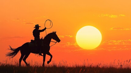 Silhouette of a Cowboy on Horseback Riding into the Sunset