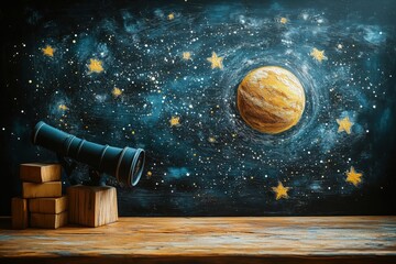 Wall Mural - Classroom with telescopes, kids looking at stars, flat design illustration, No logo, No Trademark, No text, minimal concept with copy space for stock photo