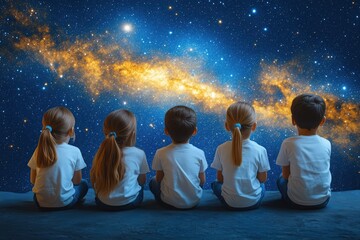 Wall Mural - Classroom with telescopes, kids looking at stars, flat design illustration, No logo, No Trademark, No text, minimal concept with copy space for stock photo