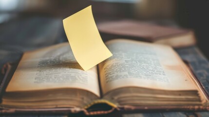 Wall Mural - A yellow sticky note is stuck to the page of a book