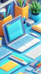 Poster - Colorful 3D Illustration of a Laptop and Office Supplies.