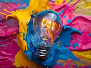 Poster - Colorful Paint Splashes Surrounding an Illuminating Light Bulb Capturing the Essence of Creativity and Ideas