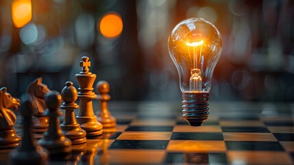 Poster - Glowing Light Bulb Hovering Above Chessboard Symbolizing Strategic Thinking and Clever Ideas