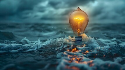 Canvas Print - Glowing Light Bulb Shining Amidst Turbulent Stormy Sea Symbol of Enduring Hope and Ideas