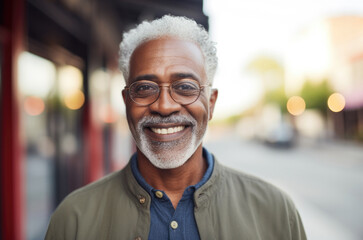 close up portrait standing in the street and happy.