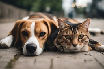 Wall Mural - cat beagle lying brown together dog footpath animal kitten cute pet love friends puppy adorable young background friendship little nature small fun funny play lovely together2 playful human