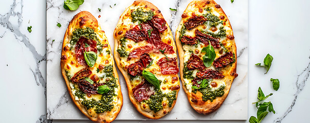 Bread pizza with melted cheese sundried tomatoes, and coppa di parma. on white marble background.