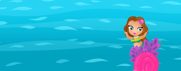 Fototapete - Cartoon ocean and the mermaid in underwater kingdom swimming diving illustration for kids