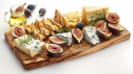 Gourmet Delights Exotic Cheeses Figs and Honey on Wooden Cutting Board