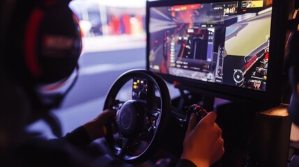 Aufkleber - A player navigates a racing simulator, focused on the screen displaying a high-speed race, surrounded by a vibrant gaming environment.