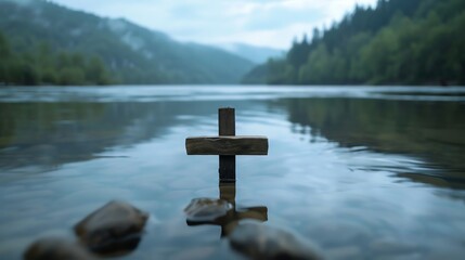 A wooden cross beside a tranquil river, reflecting in the water