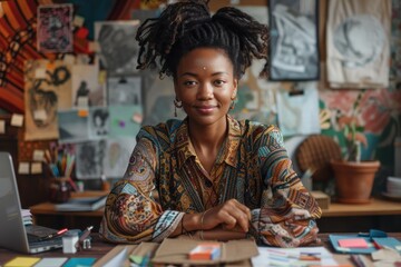 A girl with dreadlocks and a colorful outfit sitting in an art studio filled with artworks and creative supplies, embodying creativity and self-expression.