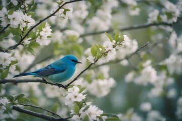 Wall Mural - sings early tit blue song spring tree young bird green animal april background beak beautiful beauty beginning black blossom bright colours cute day decoration feather forest freshness garden great