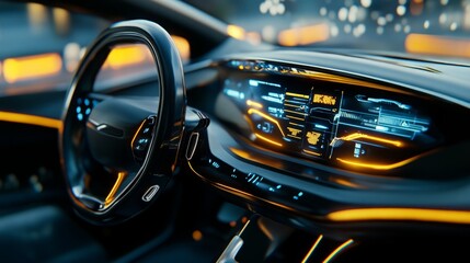 Aufkleber - A sleek car interior showcases a modern dashboard featuring glowing displays and digital interfaces illuminated in orange and blue hues during nighttime.