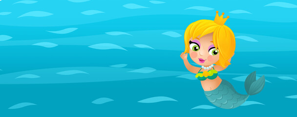 Cartoon ocean and the mermaid in underwater kingdom swimming diving illustration for kids