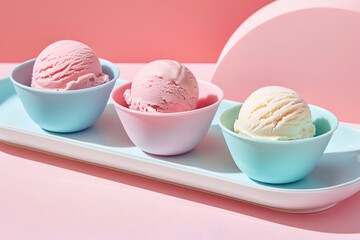 Wall Mural - Pastel pink and vanilla ice cream scoops in colorful bowls on tray against pink background