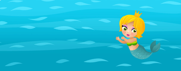 Cartoon ocean and the mermaid in underwater kingdom swimming diving illustration for kids