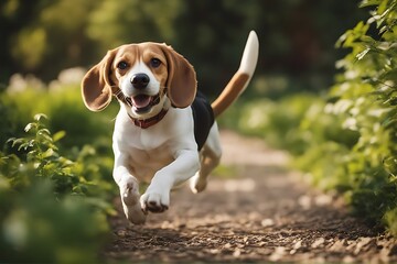 Wall Mural - outdoors ball garden beagle jump dog camera run fun fetch grass running meadow play action canino summer happy sun pet young spring tongue frontal fast doggy flying small green scene leaping agile