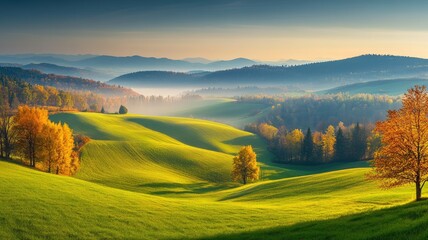 Wall Mural - Serene, undulating green hills with autumn foliage and misty morning light Landscape includes distant mountain range under clear sky