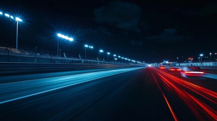 Poster - High-speed cars race down a track illuminated by bright lights during a night event.