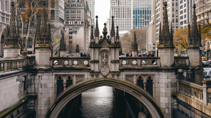 A bridge over a river with a city in the background. The bridge is old and has a Gothic style