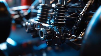 Aufkleber - A detailed view of a sophisticated suspension system showcasing spring coils and components in an automotive setting, illuminated by vibrant workshop lighting.