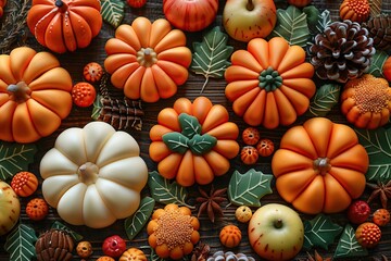 Wall Mural - Autumn Pumpkins on Wooden Table