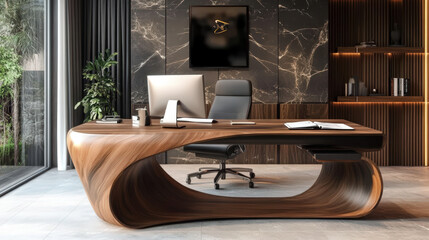 Wall Mural - A modern office with a large wooden desk and a black chair