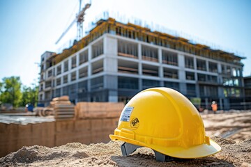 hard hat on construction site with building in background