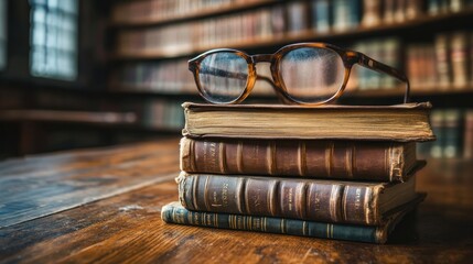 Poster - Vintage Glasses Resting on a Stack of Leather-Bound Books