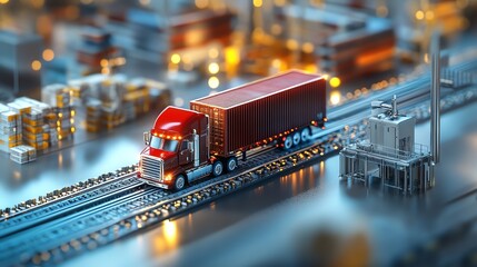 Poster - Industrial transportation with red truck and container.