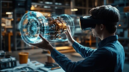 Aufkleber - Man Interacting With A Virtual 3D Model Using VR Headset