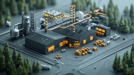 Poster - Miniature Industrial Complex Surrounded by Trees.