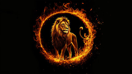 Poster - lion with flame on black background