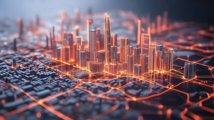 Poster - Cityscape with Glowing Lines and Networks.