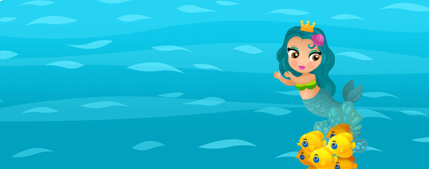 Fototapete - Cartoon ocean and the mermaid in underwater kingdom swimming diving illustration for kids