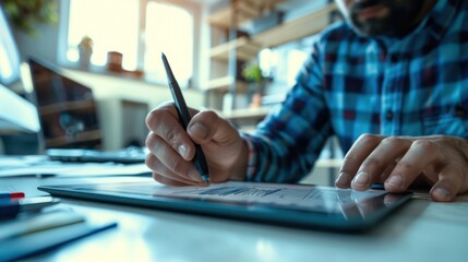 Wall Mural - A close-up of a designer using a digital drawing tablet. 