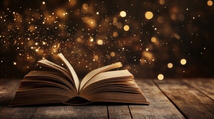 Poster - Open Book With Golden Sparkle Effect On Wooden Table