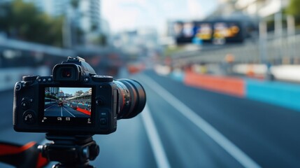 Poster - A DSLR camera sits on a tripod with its viewfinder showing a nearby race track, bustling with preparations for an upcoming urban street racing event.