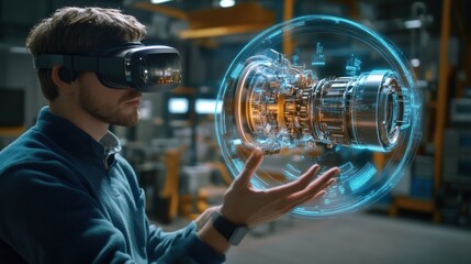 Poster - Man in VR Headset Interacting with Holographic Engine Model
