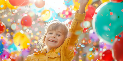 Wall Mural - Cheerful funny child among colorful balloons on a sky background. Kid having fun with balloons and confetti. View from the ground.