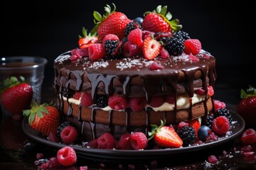 Wall Mural - Decorated chocolate cake with small raspberry strawberries and syrup, generative IA