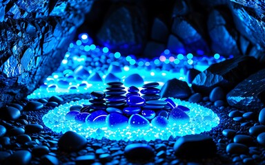 Wall Mural - Blue background with crystals in a cave