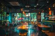 © happy_finch - A trendy cafe with bright colors, large windows, and hanging lights