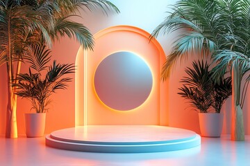 Wall Mural - Tropical Minimalist Product Display with Neon Lights.