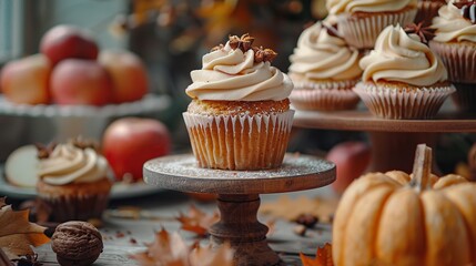 Wall Mural - Delicious Pumpkin Spice Cupcakes with Warm Autumnal Decor